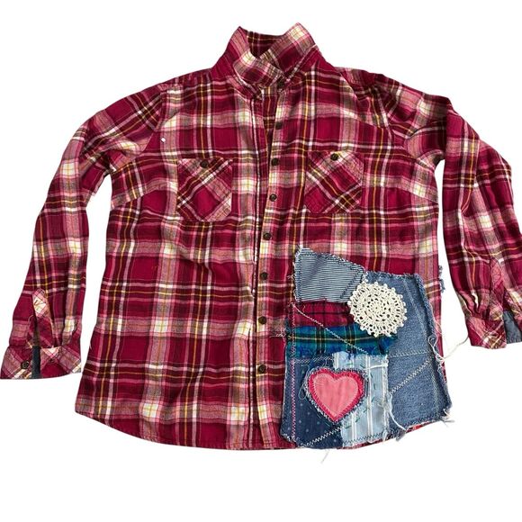 Upcycled Flannel Shirt Womens Sz Large Shacket Halloween Grunge Camp Rock - Picture 8 of 13